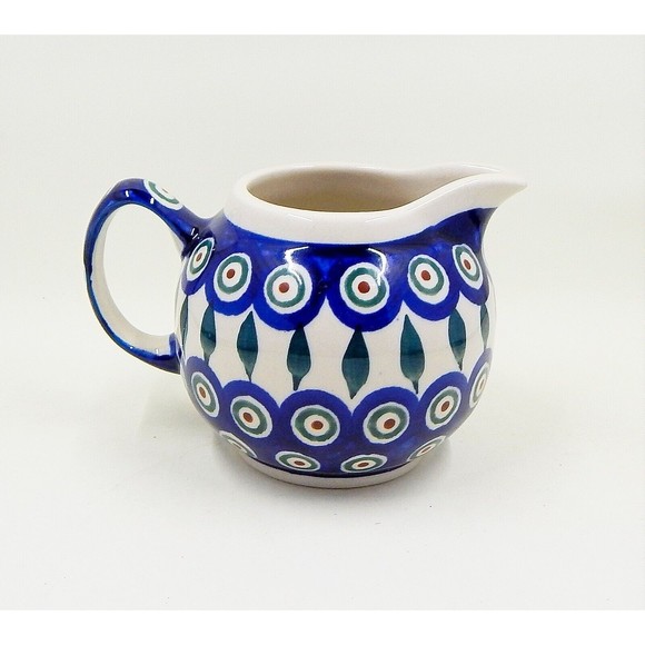 Zaklady Boleslaweic Polish Pottery Peacock Feather Bubble Creamer Pitcher Jug - Picture 1 of 10